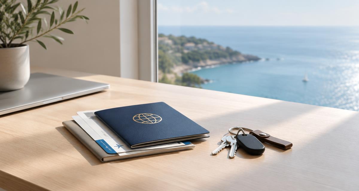 Паспорт, документы и ключи на столе у окна с видом на море